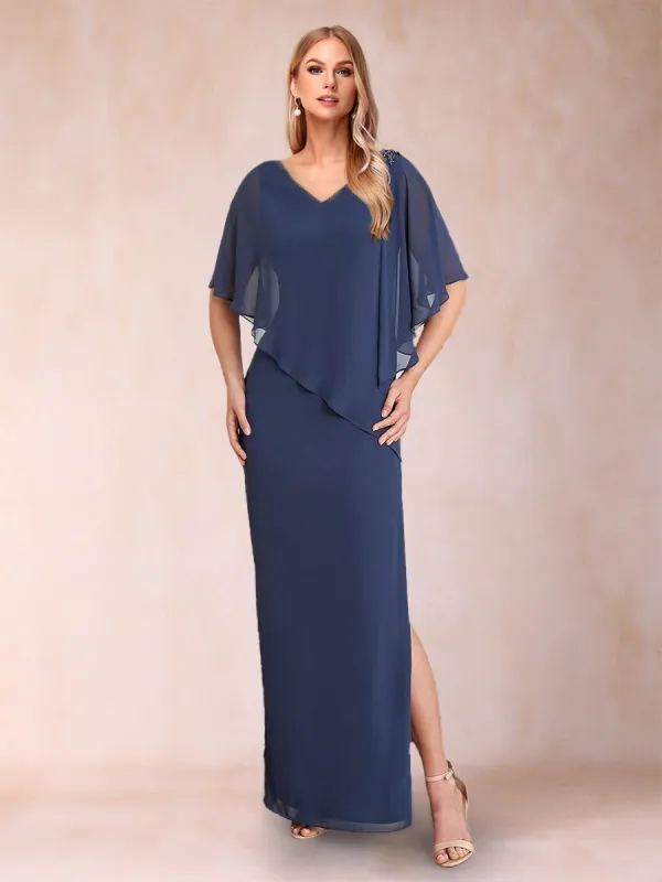 Sheath/Column Chiffon V-Neck Half Sleeves  Mother of the Bride Dresses with Split Side & Shawl sold by Lavetir