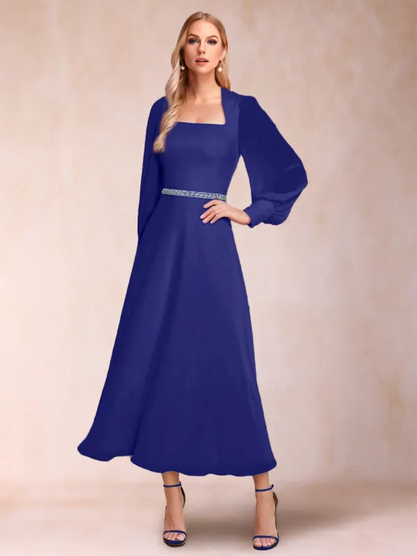 A Line Chiffon Square Neck Ankle Long Sleeves Mother of the Bride Dresses with  Sequins & Ruffles sold by Lavetir