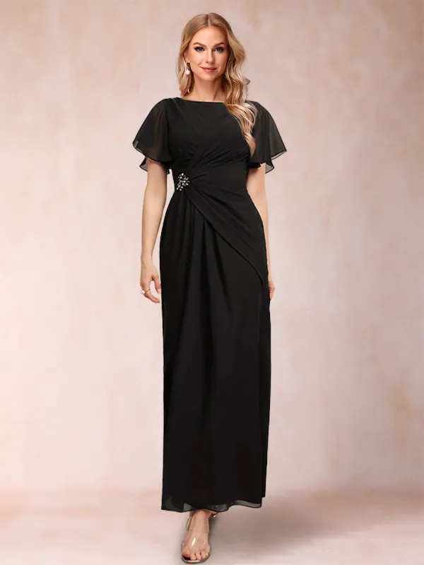 Sheath/Column Chiffon Scoop Short Sleeves  Mother of the Bride Dresses with Rhinestone & Ruffles sold by Lavetir