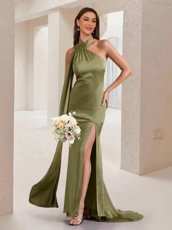 Sheath/Column Asymmetrical High Neck Ruched Long Bridesmaid Dresses with Sash sold by Lavetir