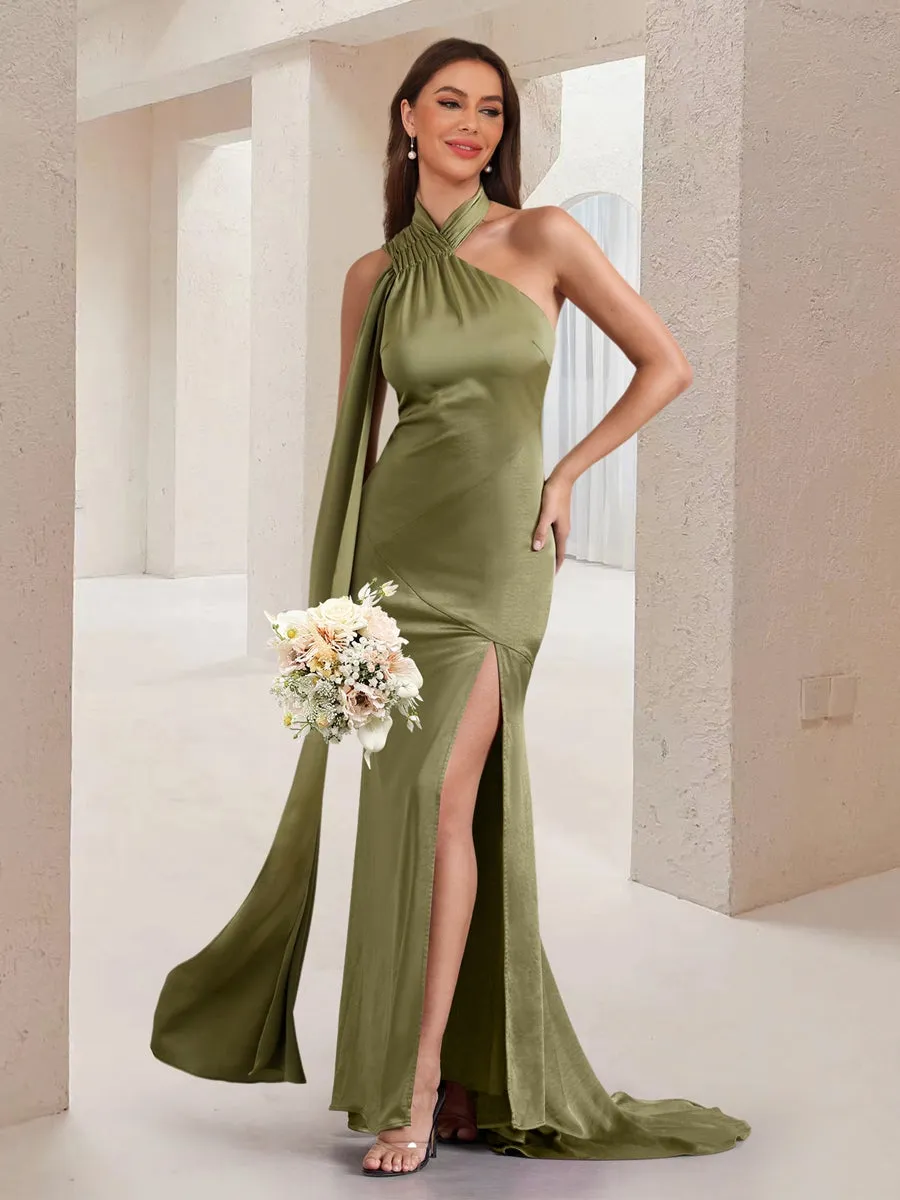 Sheath/Column Asymmetrical High Neck Ruched Long Bridesmaid Dresses with Sash sold by Lavetir