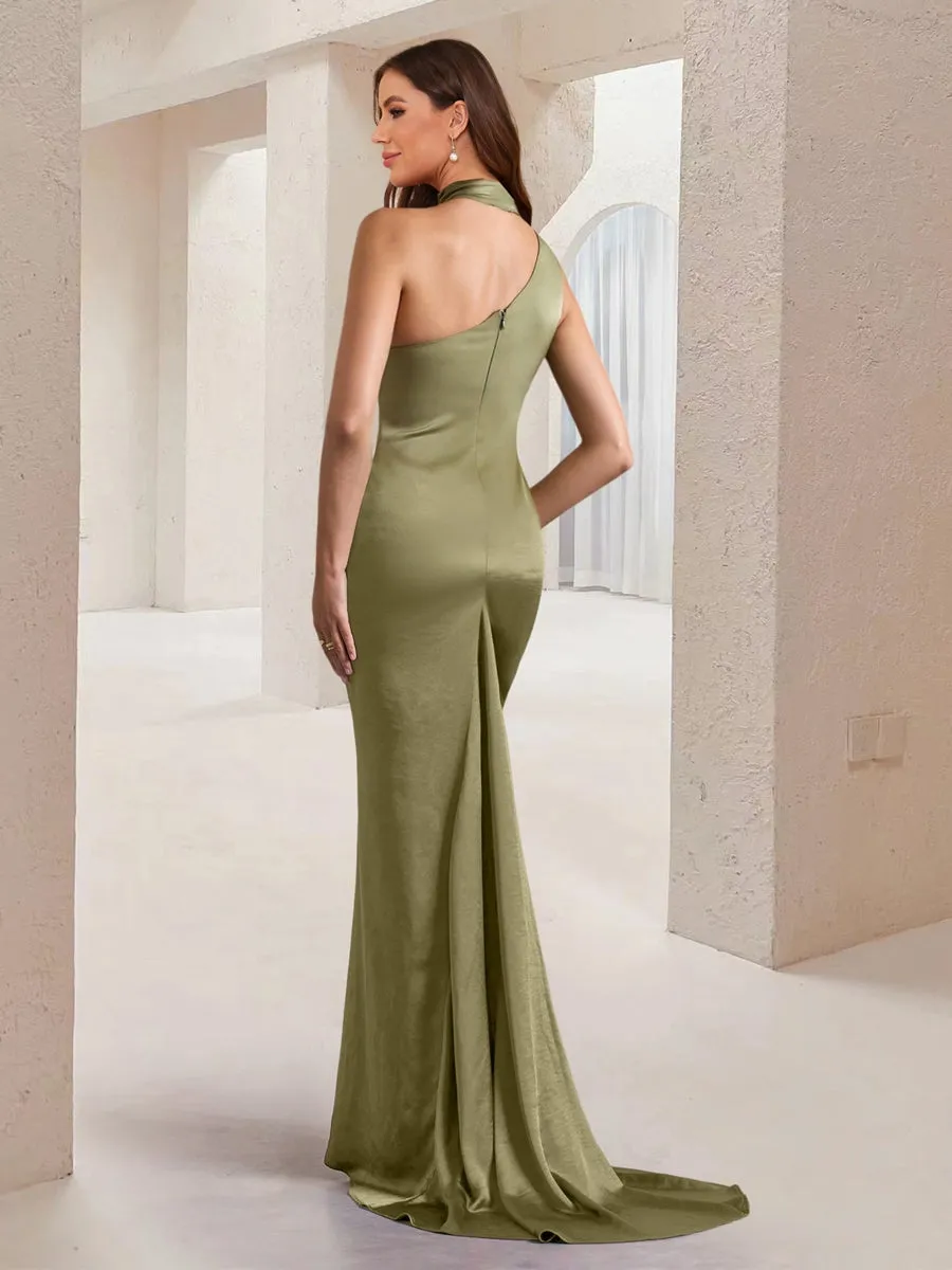 Sheath/Column Asymmetrical High Neck Ruched Long Bridesmaid Dresses with Sash sold by Lavetir product image thumbnail 2