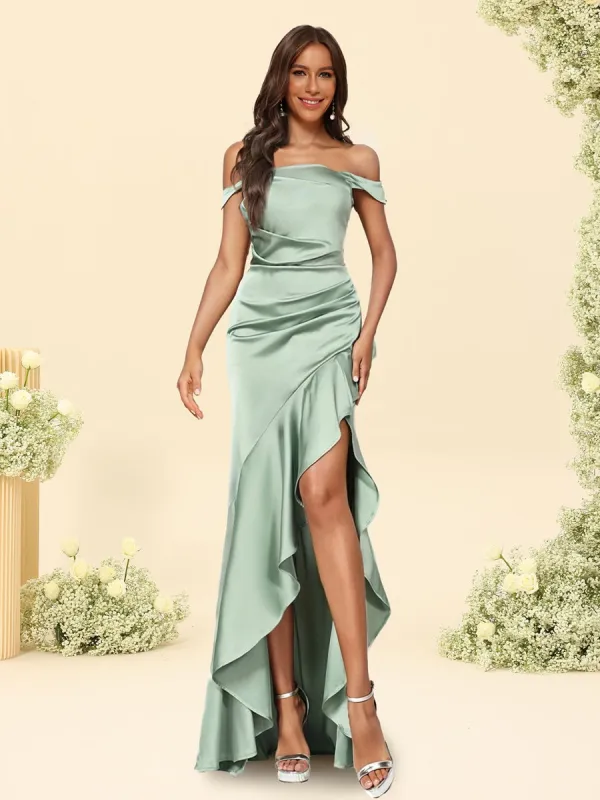 Sheath/Column Off-the-Shoulder Ruched Long Bridesmaid Dresses with Ruffles sold by Lavetir