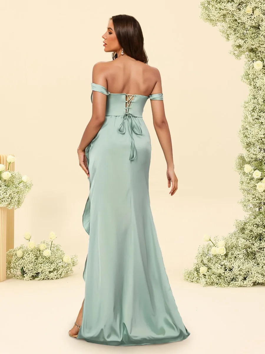 Sheath/Column Off-the-Shoulder Ruched Long Bridesmaid Dresses with Ruffles sold by Lavetir product image thumbnail 2