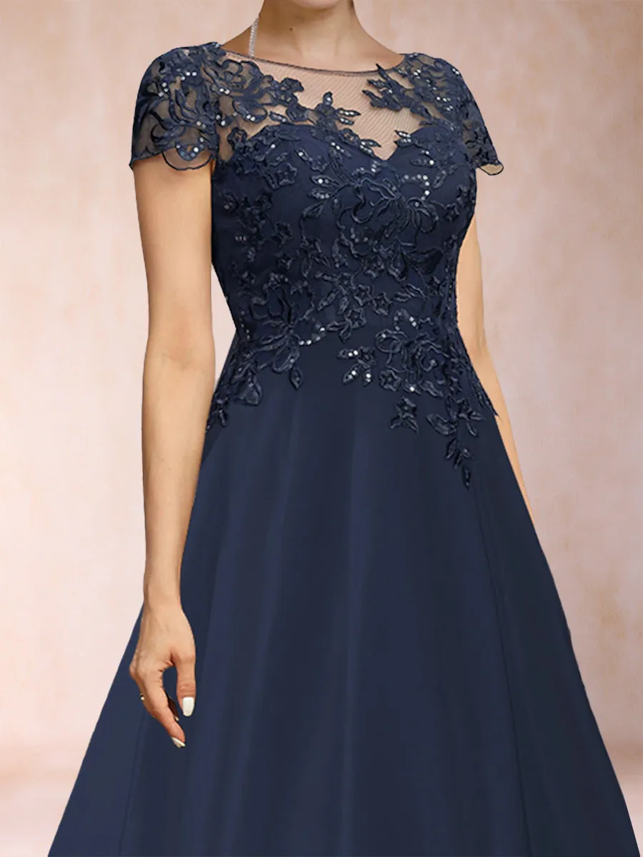 A Line Chiffon Scoop Short Sleeves Mother of the Bride Dresses with Applique & Ruffles sold by Lavetir product image thumbnail 3