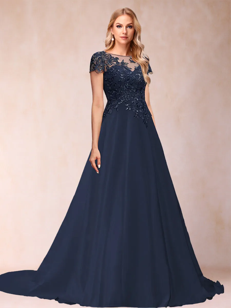 A Line Chiffon Scoop Short Sleeves Mother of the Bride Dresses with Applique & Ruffles sold by Lavetir