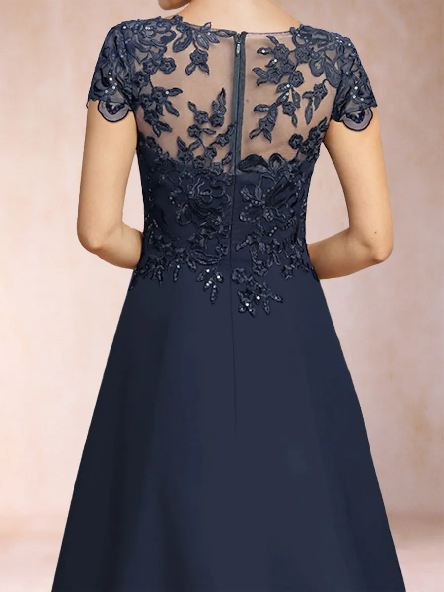 A Line Chiffon Scoop Short Sleeves Mother of the Bride Dresses with Applique & Ruffles sold by Lavetir product image thumbnail 4