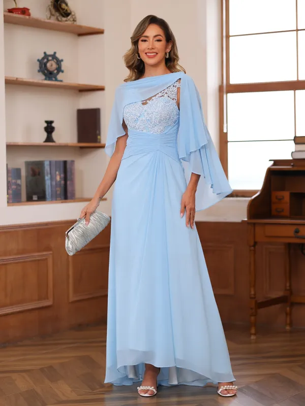 A-Line/Princess V-Neck Appliques Ruched Mother of the Bride Dresses with Cape sold by Lavetir