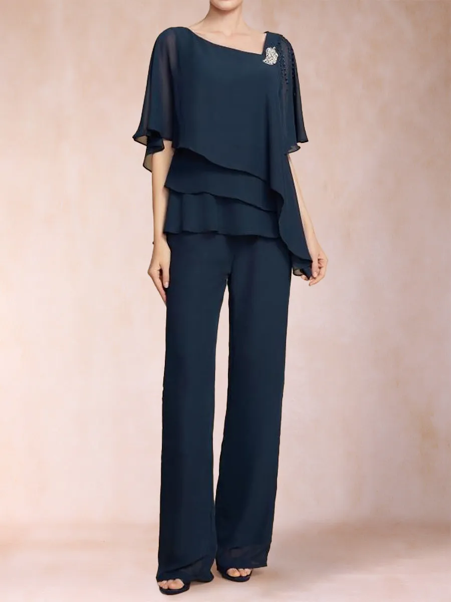 Chiffon V-Neck Half Sleeves 2 Pieces Pantsuits with Rhinestone & Ruffles sold by Lavetir product image thumbnail 5