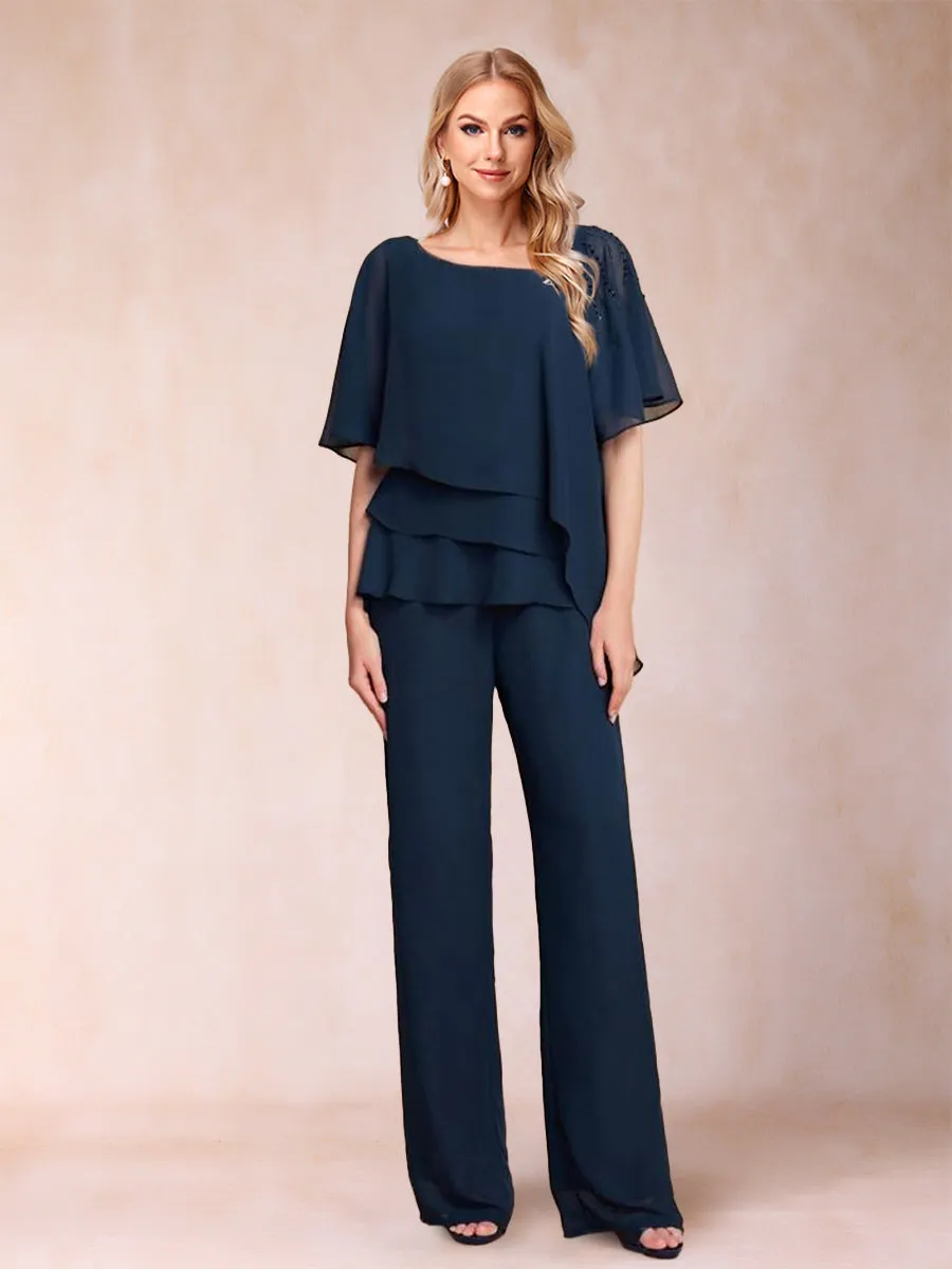 Chiffon V-Neck Half Sleeves 2 Pieces Pantsuits with Rhinestone & Ruffles sold by Lavetir