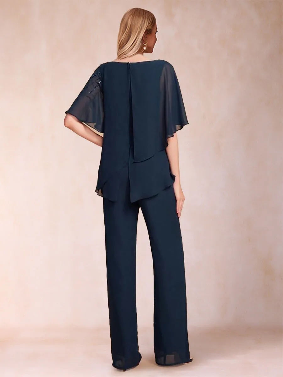 Chiffon V-Neck Half Sleeves 2 Pieces Pantsuits with Rhinestone & Ruffles sold by Lavetir product image thumbnail 2