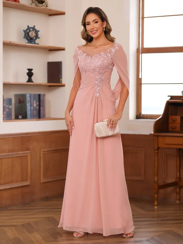 A-Line/Princess Illusion Scoop Appliques Ruched Mother of the Bride Dresses with Cape sold by Lavetir