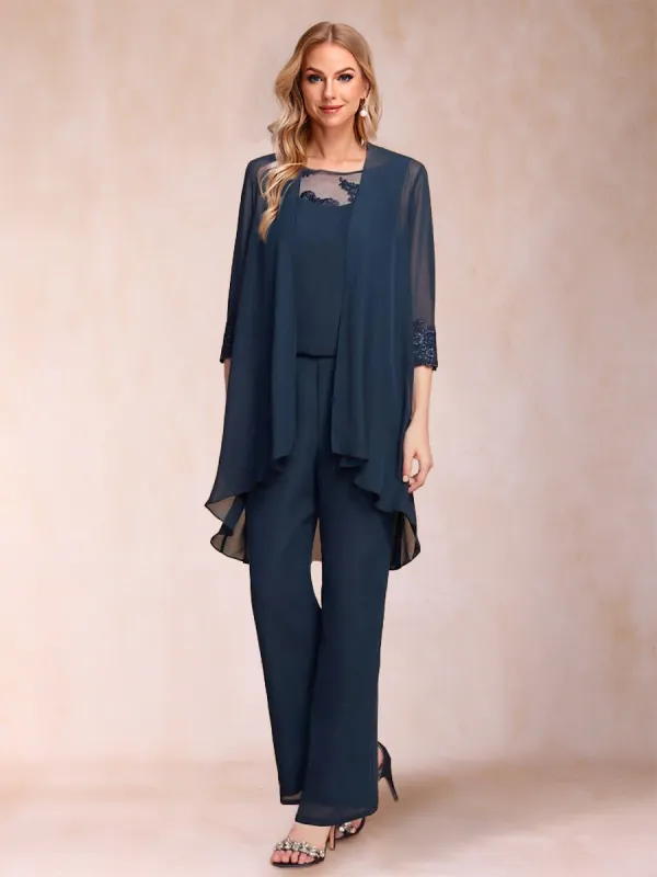 Chiffon Scoop 3/4 Sleeves 3 Pieces Pantsuits with Applique & Jacket sold by Lavetir