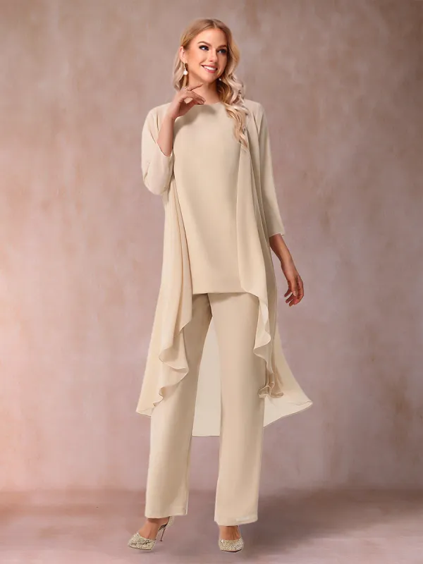 Chiffon Scoop 3/4 Sleeves 3 Pieces Pantsuits with Ruched & Jacket sold by Lavetir