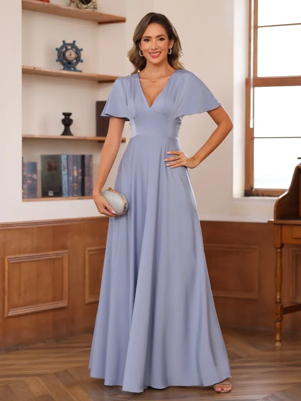 A-Line/Princess V-Neck Short Sleeves Ruched Mother of the Bride Dresses sold by Lavetir