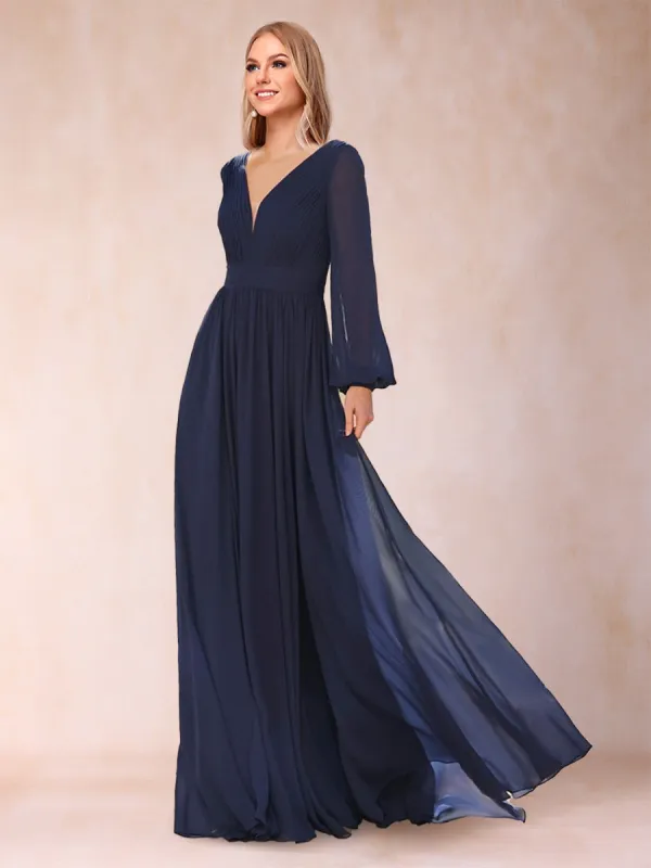 A Line Chiffon V-Neck Long Sleeves Mother of the Bride Dresses with Ruffles sold by Lavetir