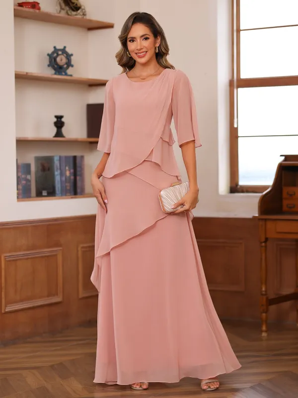 A-Line/Princess Scoop Short Sleeves Tiered Chiffon Mother of the Bride Dresses sold by Lavetir