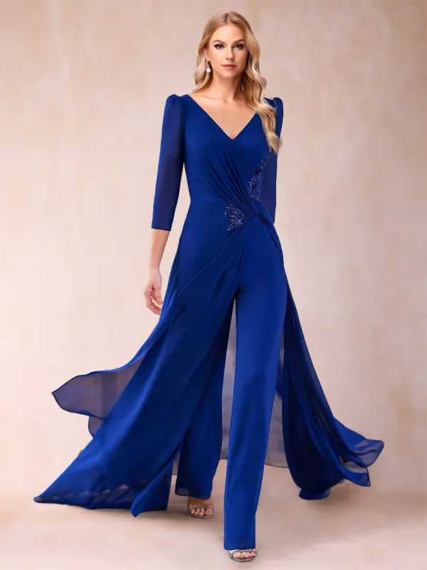 Chiffon V-Neck 3/4 Sleeves 2 Pieces Pantsuits with Applique  & Ruffles sold by Lavetir