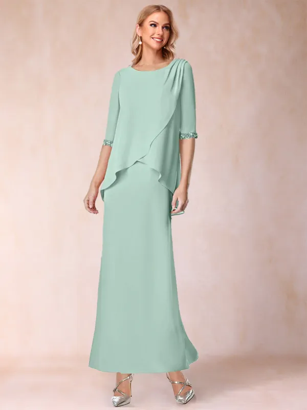 Sheath/Column Chiffon Scoop Half Sleeves 2 Pieces  with Split Side & Ruffles sold by Lavetir