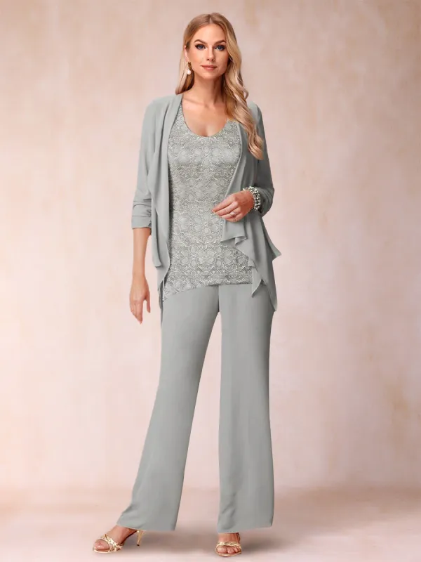 Chiffon Scoop Long Sleeves 3 Pieces Pantsuits with Ruched  & Jacket sold by Lavetir