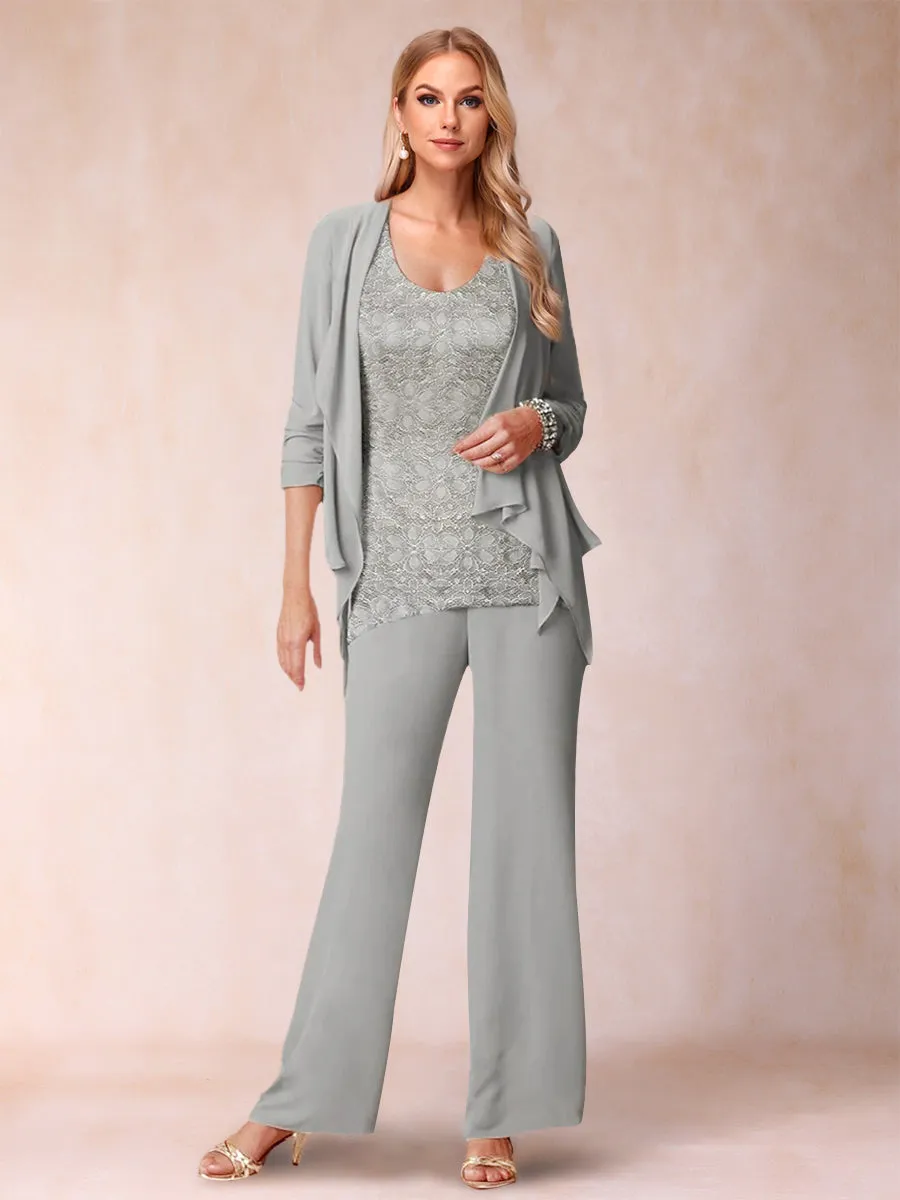 Chiffon Scoop Long Sleeves 3 Pieces Pantsuits with Ruched & Jacket sold by Lavetir