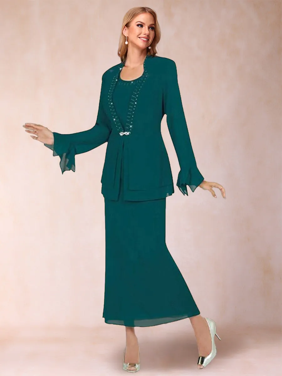 Sheath/Column Chiffon Scoop Long Sleeves 2 Pieces with Rhinestone & Jacket sold by Lavetir