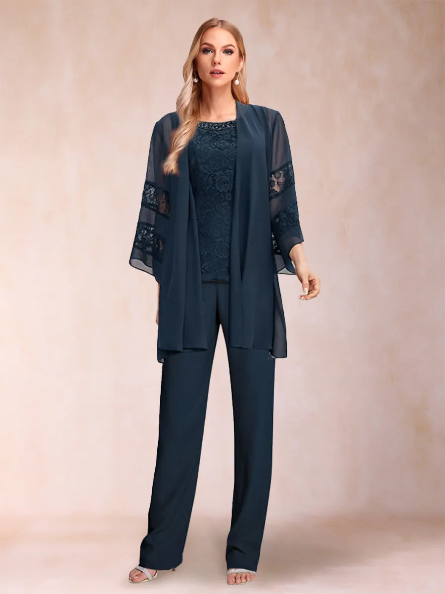 Chiffon Scoop Long Sleeves 3 Pieces Pantsuits with Applique & Jacket sold by Lavetir