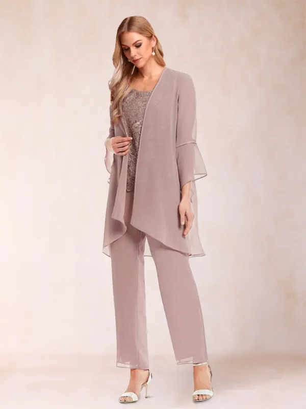 Chiffon Scoop Long Sleeves 3 Pieces Pantsuits with Applique  & Jacket sold by Lavetir