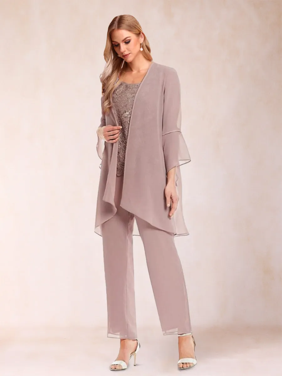 Chiffon Scoop Long Sleeves 3 Pieces Pantsuits with Applique & Jacket sold by Lavetir
