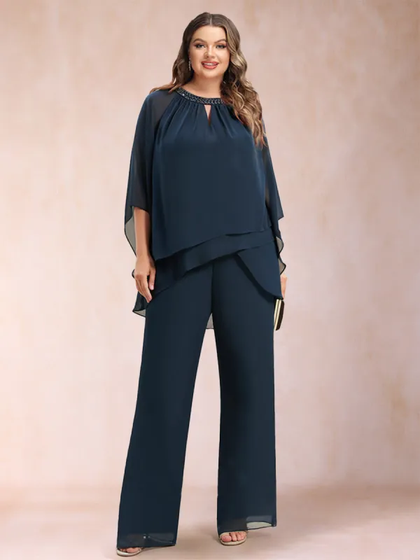 Chiffon Scoop 3/4 Sleeves 2 Pieces Plus Size Pantsuits with Rhinestone & Hollow sold by Lavetir