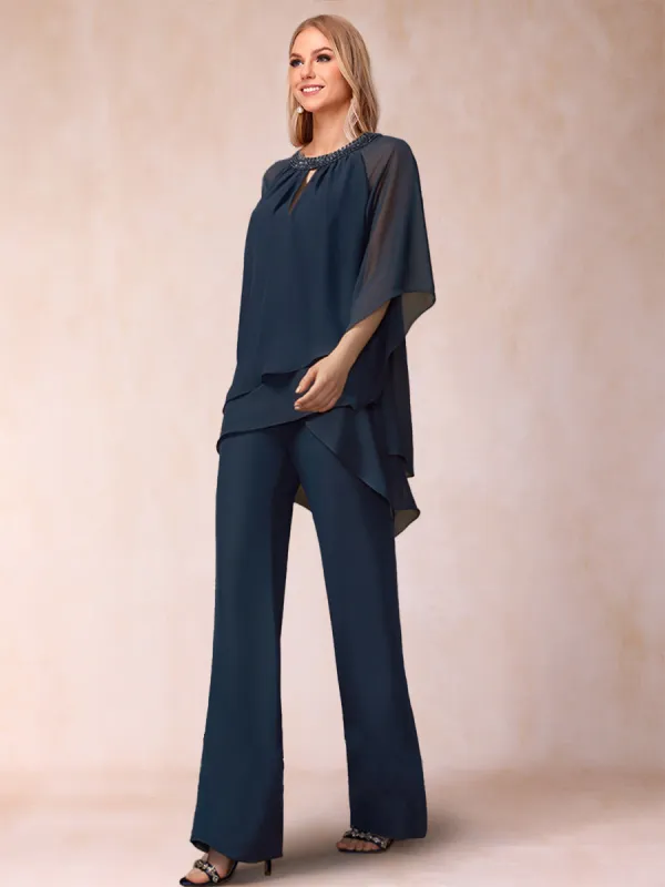 Chiffon Scoop 3/4 Sleeves 2 Pieces Pantsuits with Rhinestone & Hollow sold by Lavetir