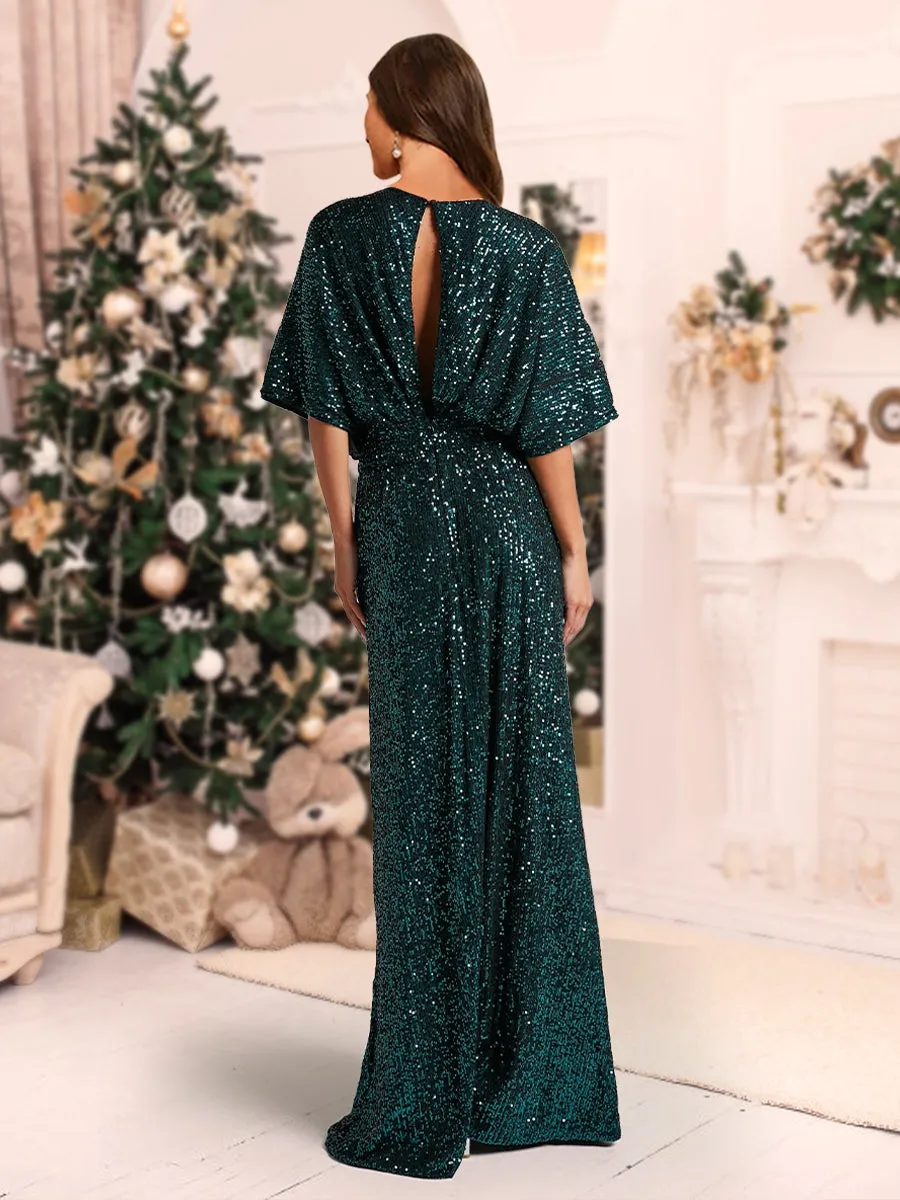 A-Line/Princess Plunging Neck Short Sleeves Sequin Christmas Dresses with Split Side sold by Lavetir product image thumbnail 2