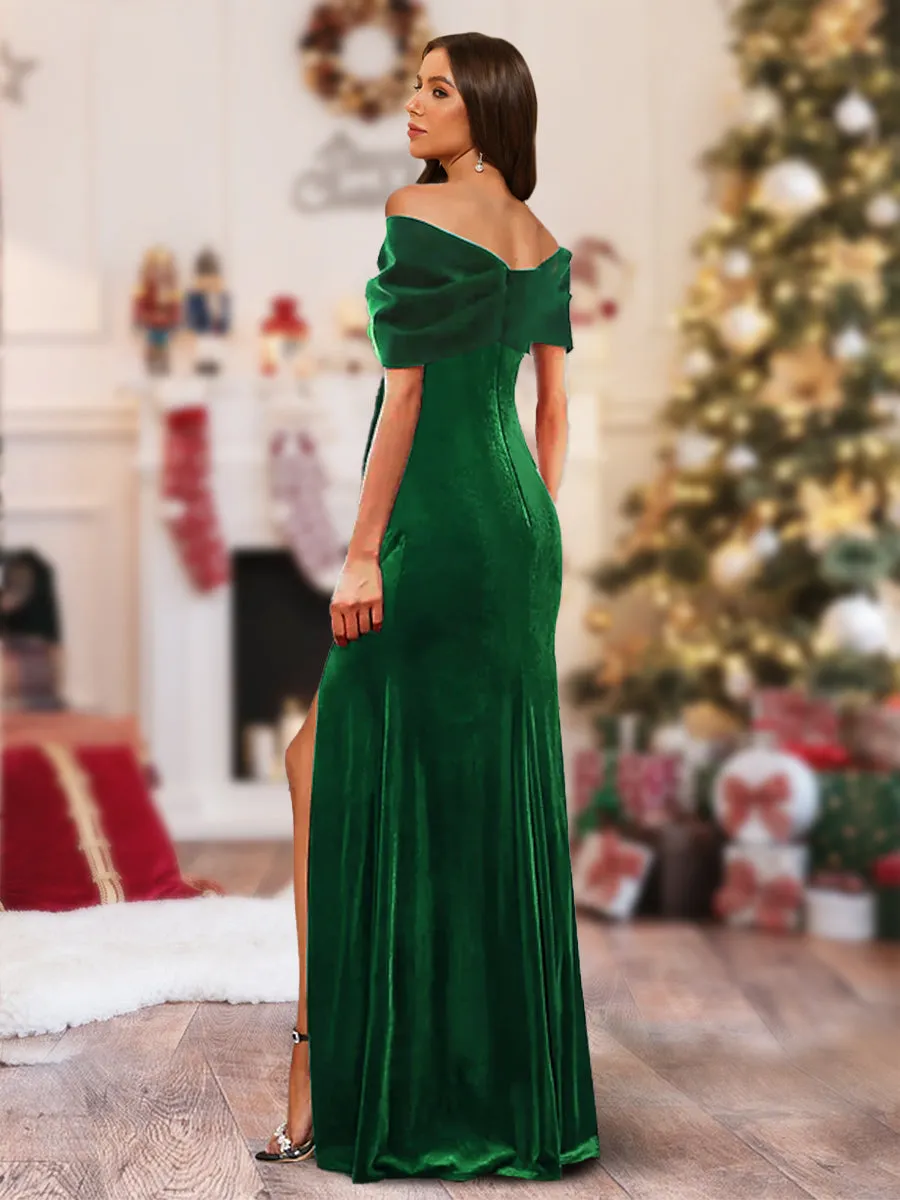 Sheath/Column Off-the-Shoulder Velvet Christmas Dresses with Ruffles & Split Side sold by Lavetir product image thumbnail 2