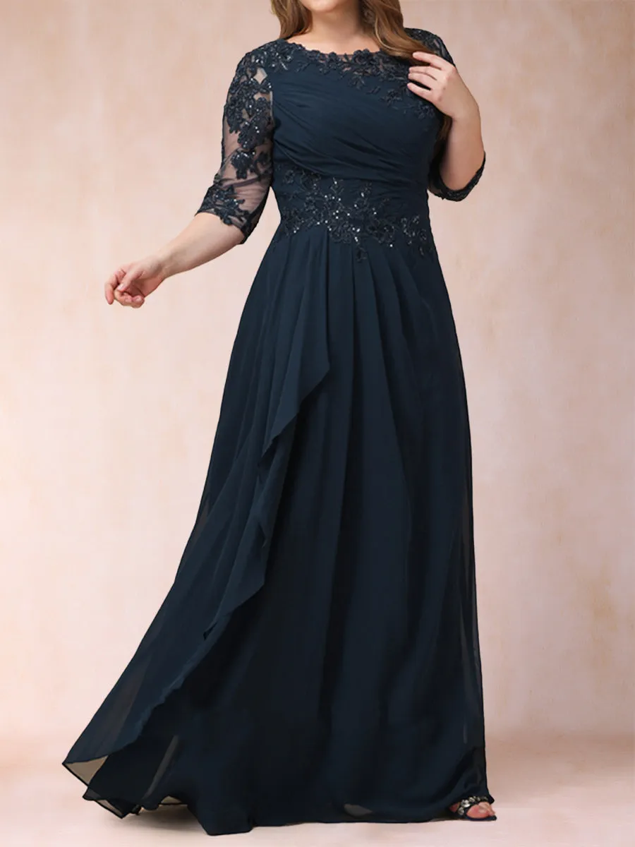 A-Line Chiffon Scoop 3/4 Sleeves Plus Size Mother of the Bride Dresses with Applique & Ruched sold by Lavetir product image thumbnail 3