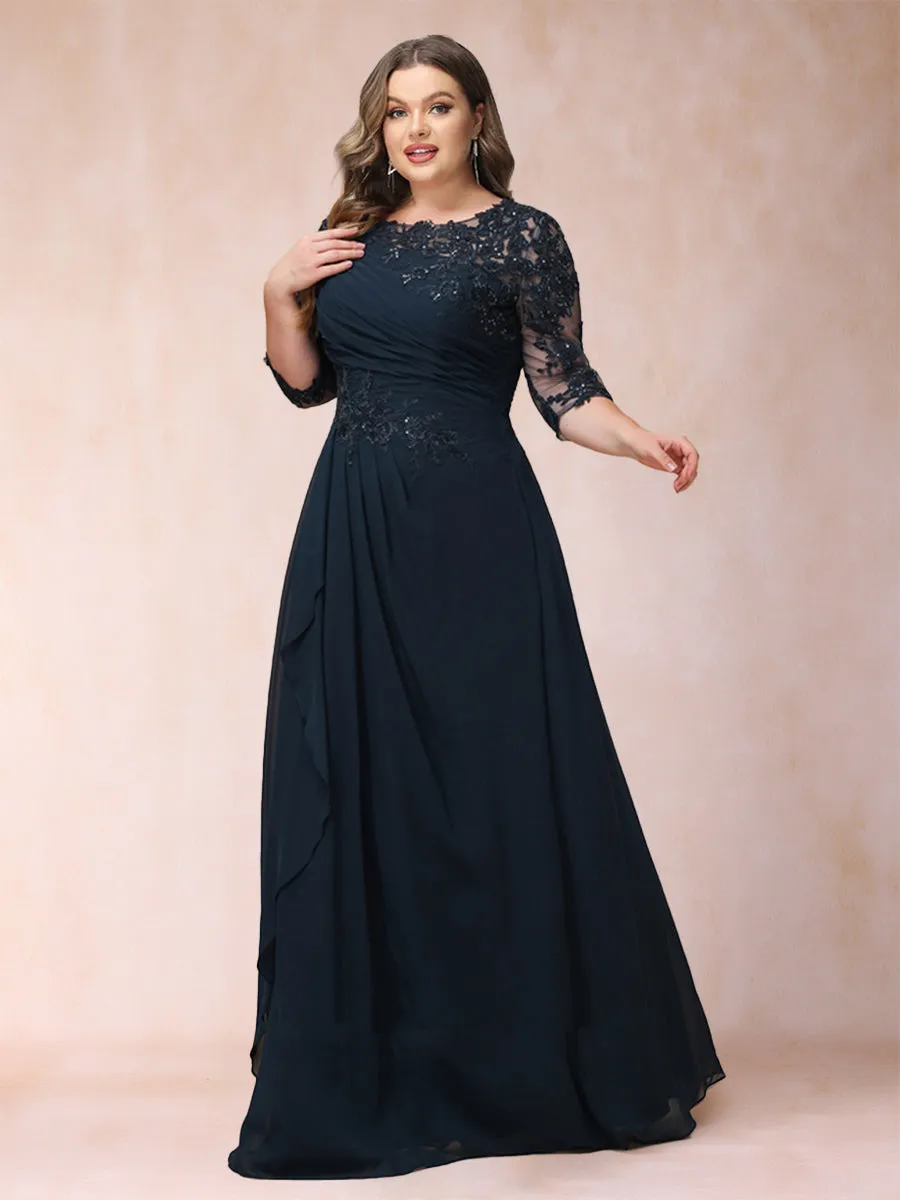 A-Line Chiffon Scoop 3/4 Sleeves Plus Size Mother of the Bride Dresses with Applique & Ruched sold by Lavetir
