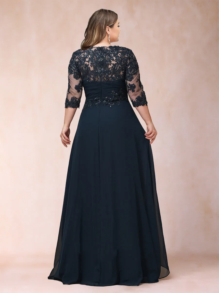A-Line Chiffon Scoop 3/4 Sleeves Plus Size Mother of the Bride Dresses with Applique & Ruched sold by Lavetir product image thumbnail 2