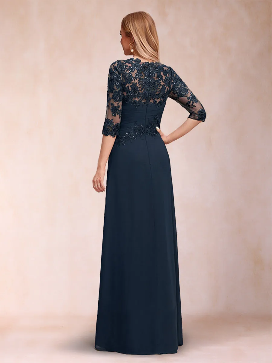 A Line Chiffon Scoop 3/4 Sleeves Mother of the Bride Dresses with Applique & Ruched sold by Lavetir product image thumbnail 2