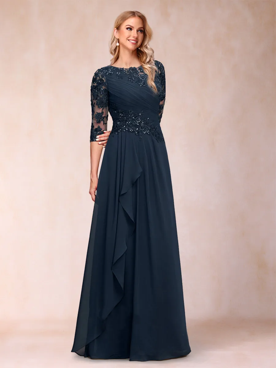 A Line Chiffon Scoop 3/4 Sleeves Mother of the Bride Dresses with Applique & Ruched sold by Lavetir
