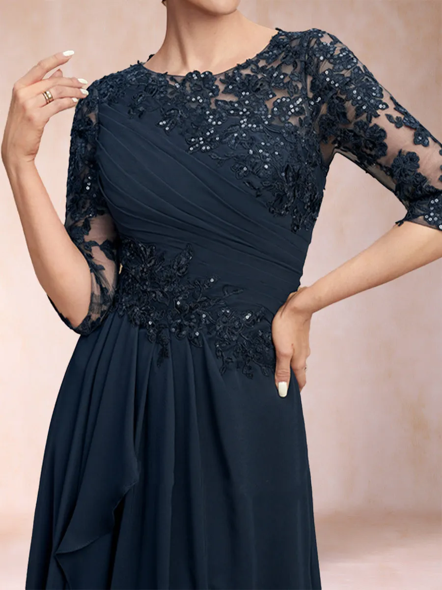 A Line Chiffon Scoop 3/4 Sleeves Mother of the Bride Dresses with Applique & Ruched sold by Lavetir product image thumbnail 4