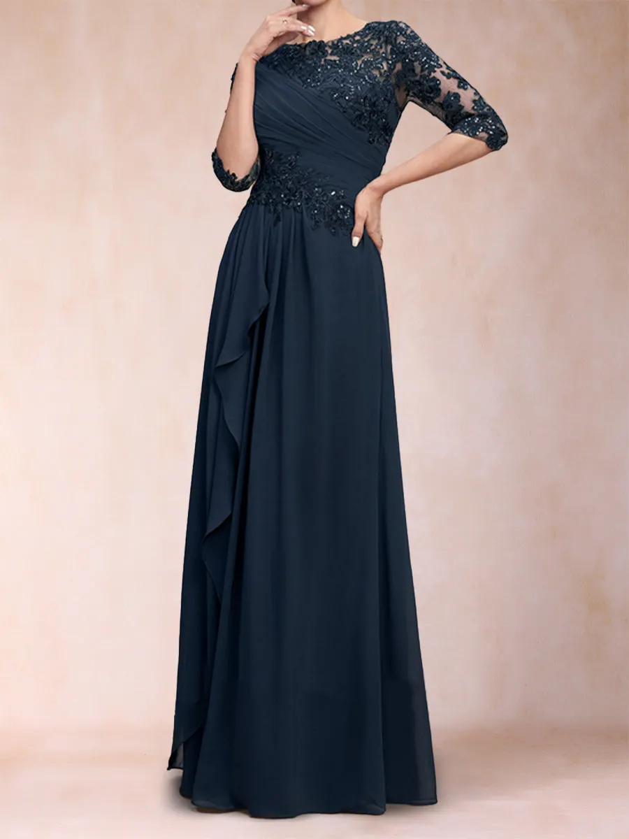 A Line Chiffon Scoop 3/4 Sleeves Mother of the Bride Dresses with Applique & Ruched sold by Lavetir product image thumbnail 3