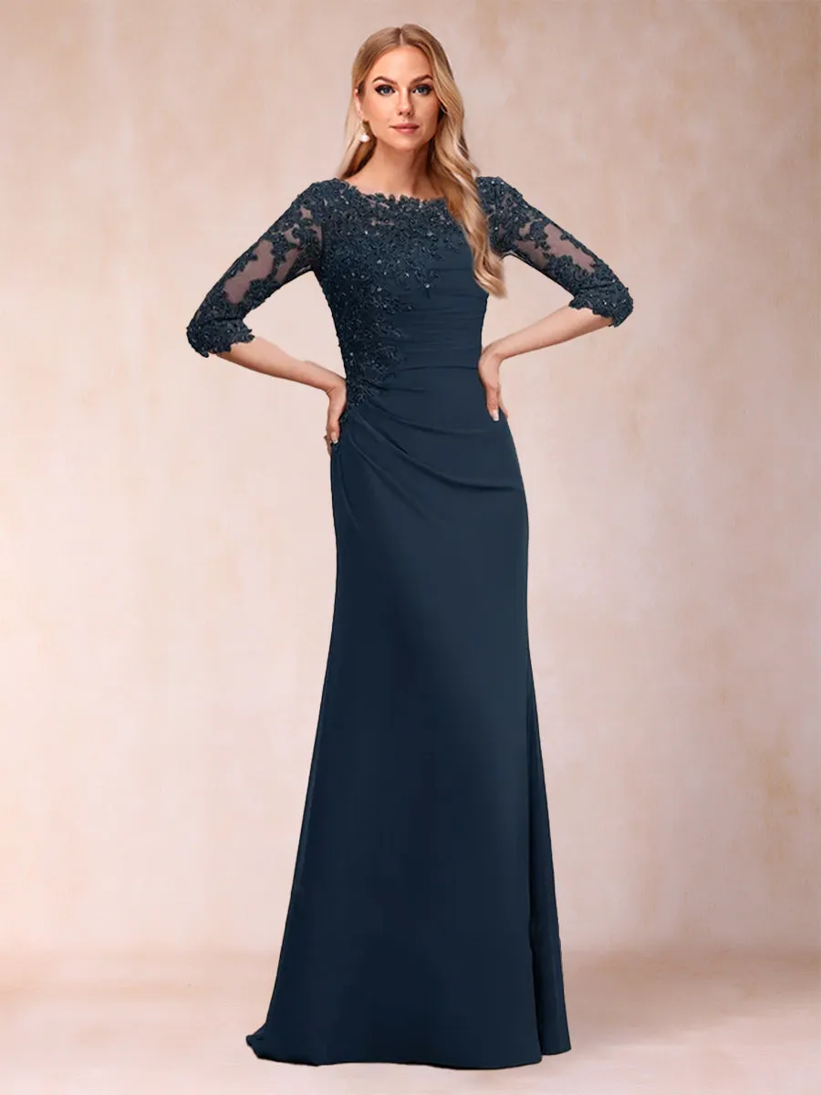 Sheath/Column Scoop 3/4 Sleeves Ruched Mother of the Bride Dresses with Applique sold by Lavetir