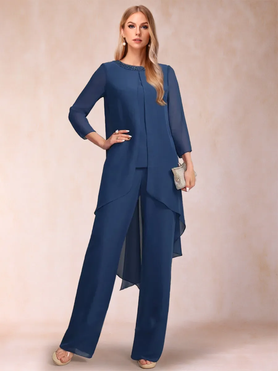 Chiffon Scoop Long Sleeves 3 Pieces Pantsuits with Rhinestone & Jacket sold by Lavetir