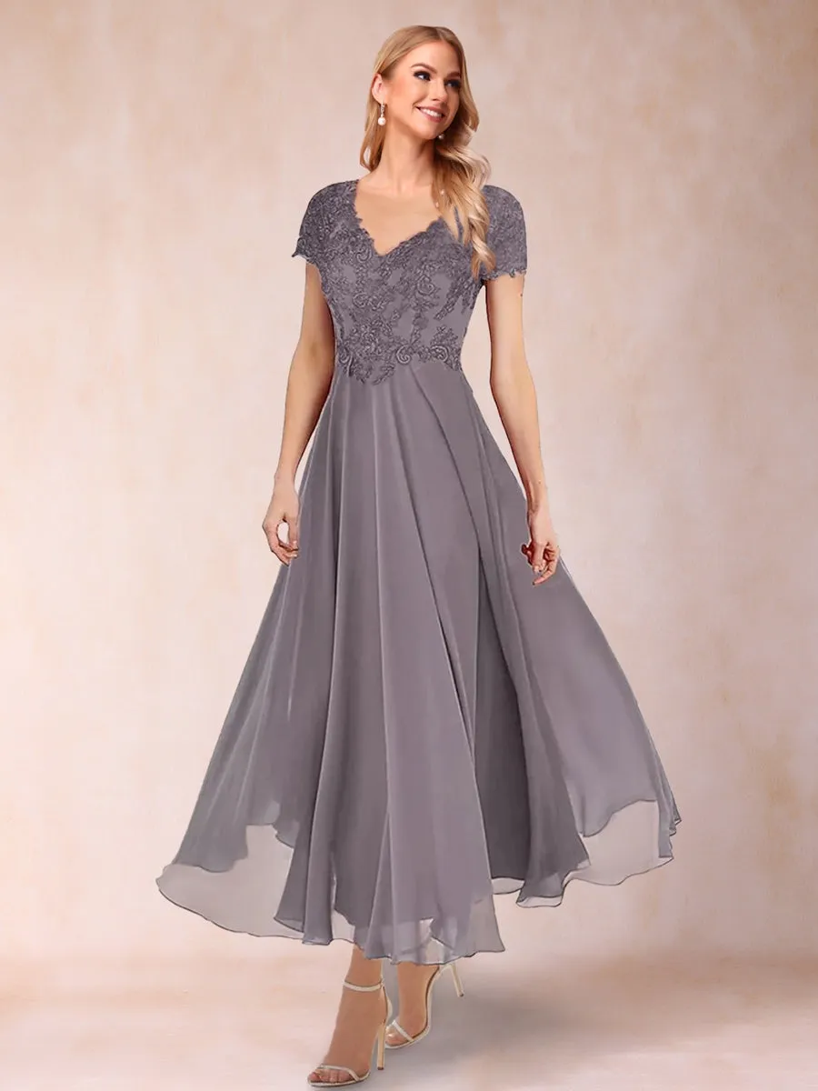 A-Line/Princess V-Neck Short Sleeves 2 Pieces Mother of the Bride Dress with Applique & Jacket sold by Lavetir product image thumbnail 3