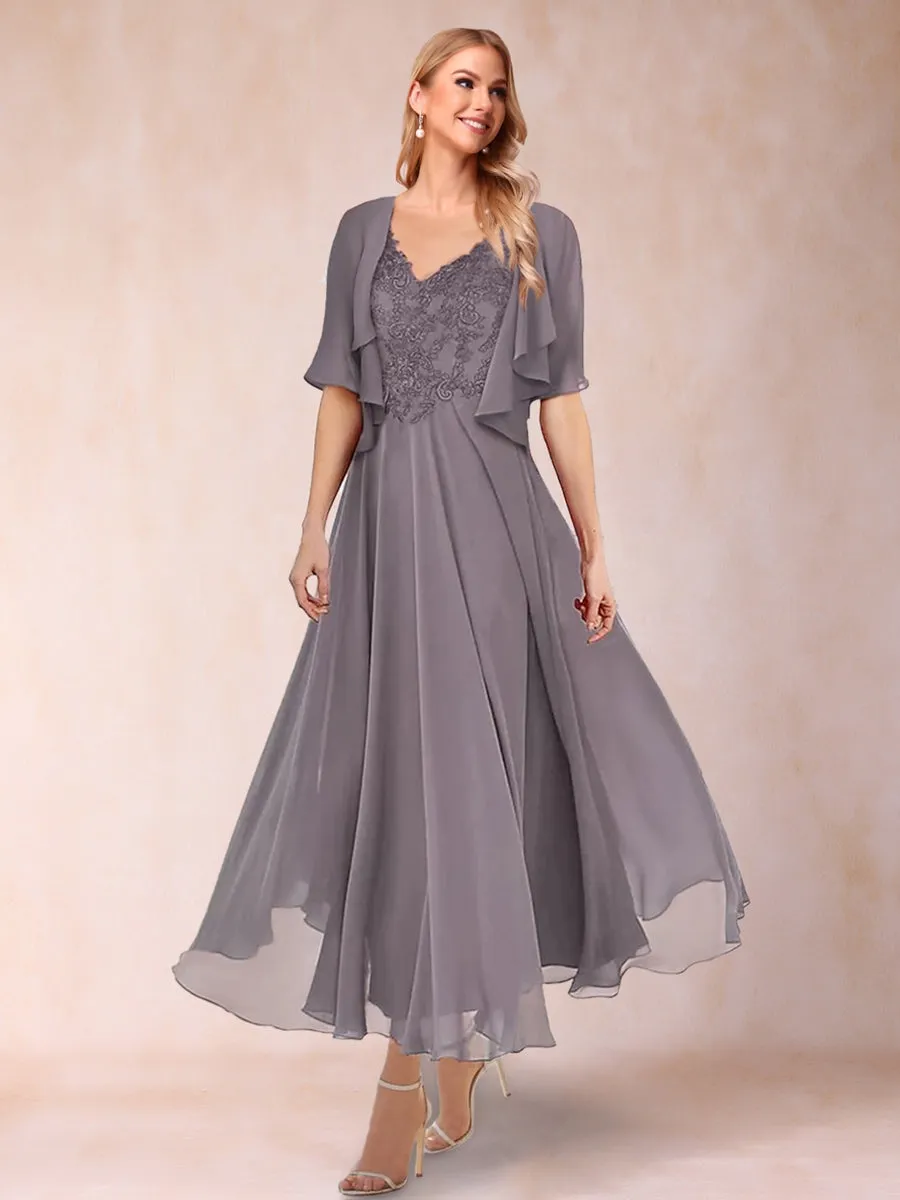 A-Line/Princess V-Neck Short Sleeves 2 Pieces Mother of the Bride Dress with Applique & Jacket sold by Lavetir