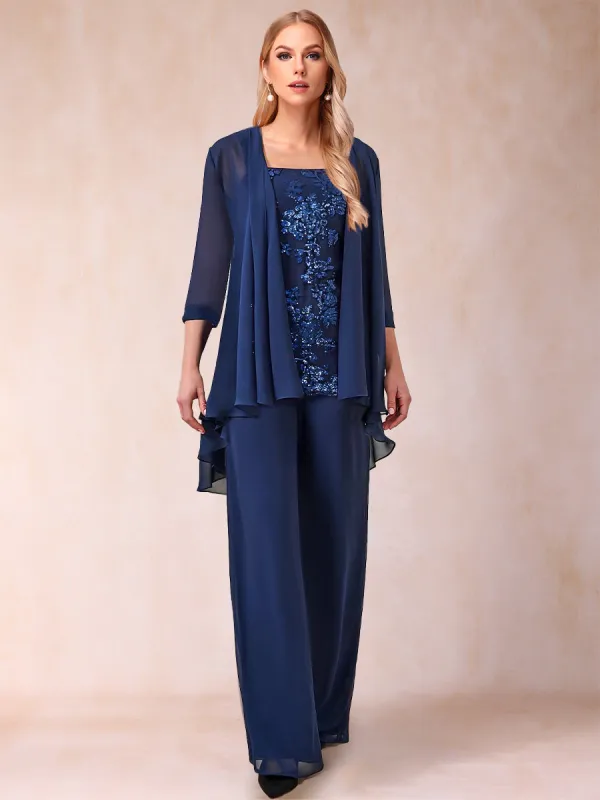 Chiffon Scoop 3/4 Sleeves 3 Pieces Pantsuits with Applique & Jacket sold by Lavetir