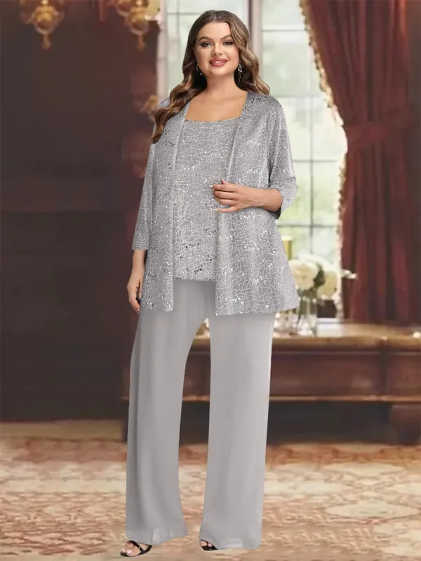 Chiffon Scoop 3/4 Sleeves 3 Pieces Pantsuits with Sequin& Jacket sold by Lavetir