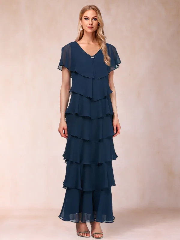 Sheath/Column V-Neck Short Sleeves Mother of the Bride Dresses with Ruffles sold by Lavetir