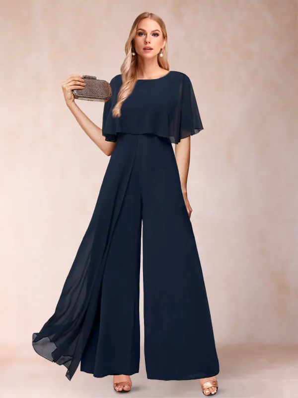 A-Line/Princess Scoop Short Sleeves Pantsuits with Watteau Train sold by Lavetir