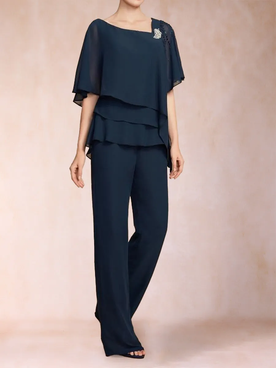 Chiffon V-Neck Half Sleeves 2 Pieces Pantsuits with Rhinestone sold by Lavetir product image thumbnail 3