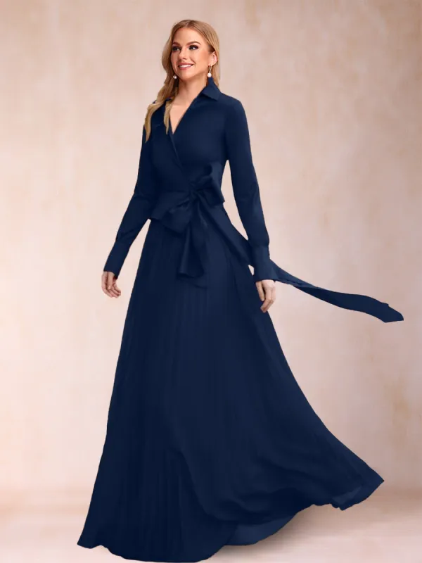 A-Line/Princess Chiffon V-Neck Long Sleeves 2 Pieces Mother of the Bride Dresses with Belt & Ruffles sold by Lavetir